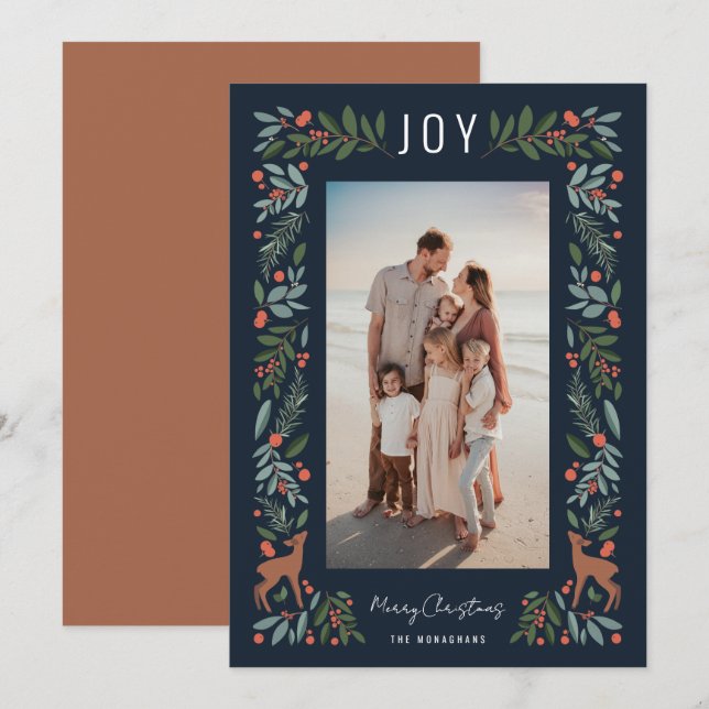 Pretty Frame Little Deer | Navy | Vertical Photo  Holiday Card (Front/Back)
