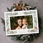 Pretty Frame Little Deer | White Photo Christmas   Foil Holiday Card<br><div class="desc">This gorgeous photo holiday card features a detailed foliage frame, which includes leaves, pine boughs, berries, and two cute little deer, along with simple typography at the top reading, "JOY." Both the photo template and card orientation are horizontal. Real foil accents add a touch of class. Easy to personalize for...</div>
