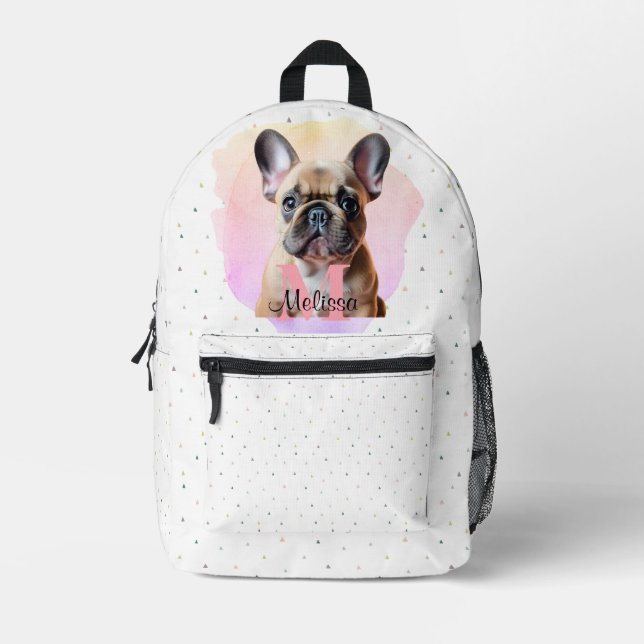 Pretty French Bulldog Puppy Animal Pink Monogram  Printed Backpack (Front)