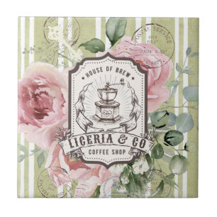 Pretty French Shabby Chic Retro Coffee shop logo Tile