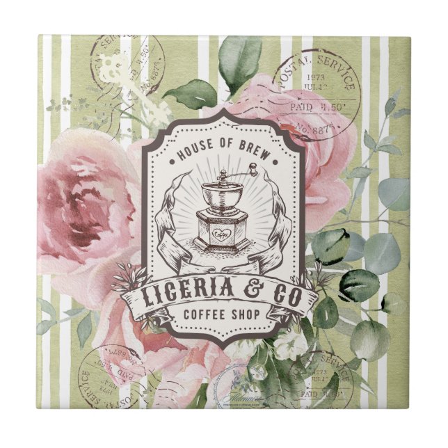 Pretty French Shabby Chic Retro Coffee shop logo Tile (Front)