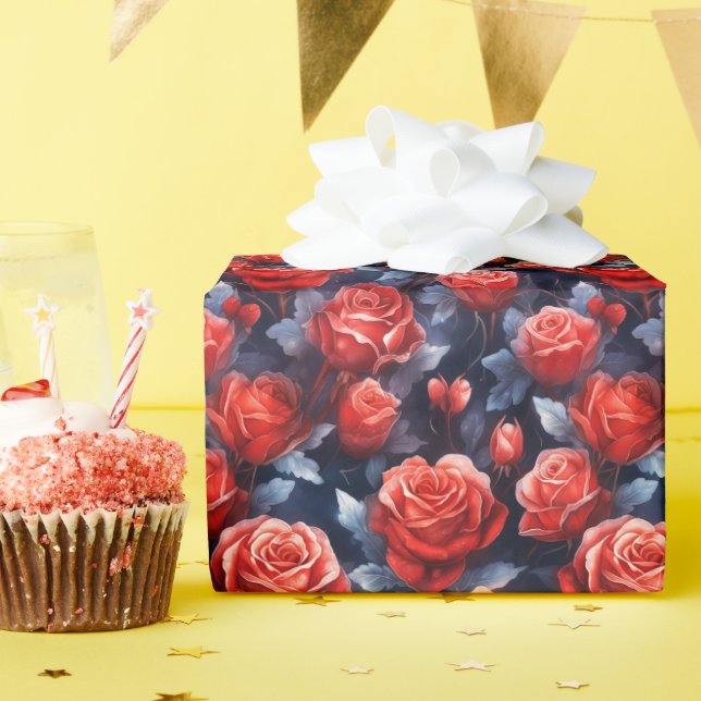 Pretty Frosty Red Roses at Night Wrapping Paper (Birthday Party)