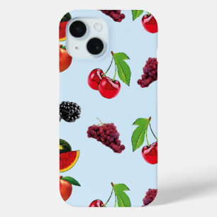 Pretty fruit pattern on blue background iPhone 15 case