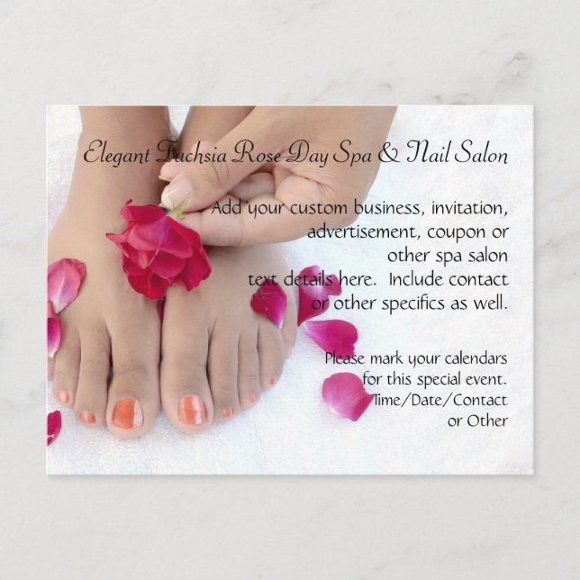Pretty Fuchsia Pink Rose Pedicure Salon Invitation Postcard (Front)