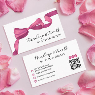 Pretty Fuchsia Rose Pink Bow Beauty QR Code Business Card