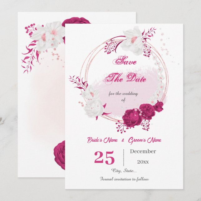pretty fuchsia & white floral wreath  save the date (Front/Back)