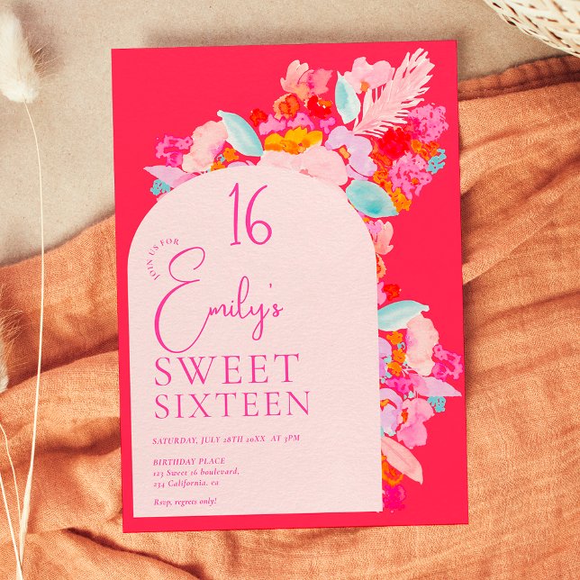 Pretty garden bold pink floral sweet 16 invitation (Creator Uploaded)