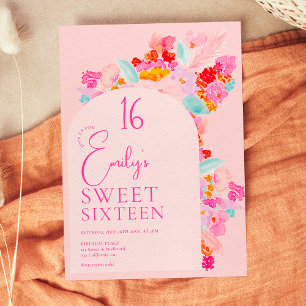 Pretty garden bold pink floral sweet 16 invitation