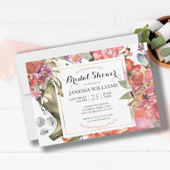 Pretty Garden Floral Bridal Shower Invitation  (PRETTY PINK GARDEN FLORAL BRIDAL SHOWER INVITATION)