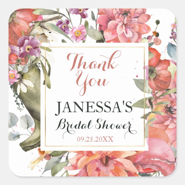 Pretty Garden Floral Bridal Shower Thank You Square Sticker (Front)