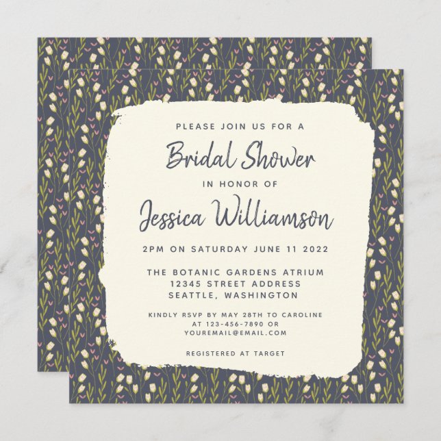 Pretty Garden Floral Navy Blue Bridal Shower Invitation (Front/Back)