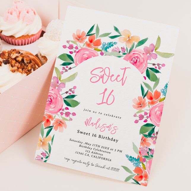 Pretty garden floral watercolor arch Sweet 16 Invitation (Creator Uploaded)