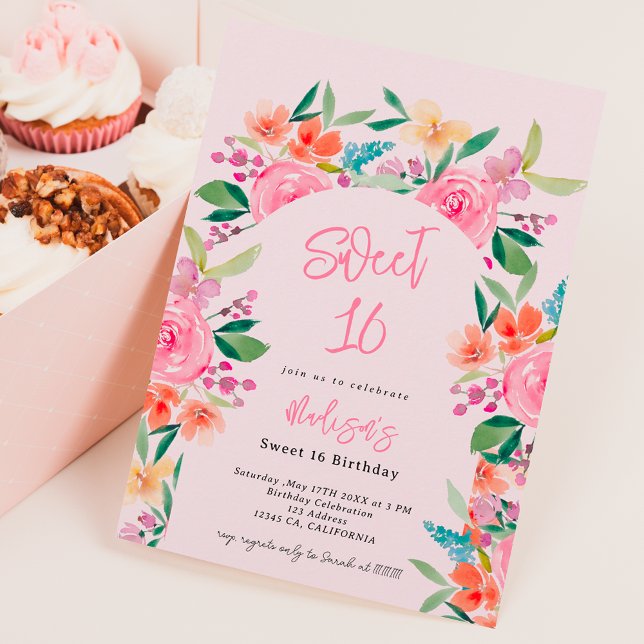 Pretty garden floral watercolor arch Sweet 16 Invitation (Creator Uploaded)