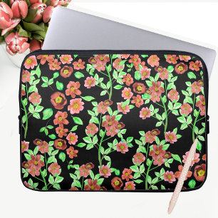 Pretty Garden Flowers Coral Red Green on Black Laptop Sleeve