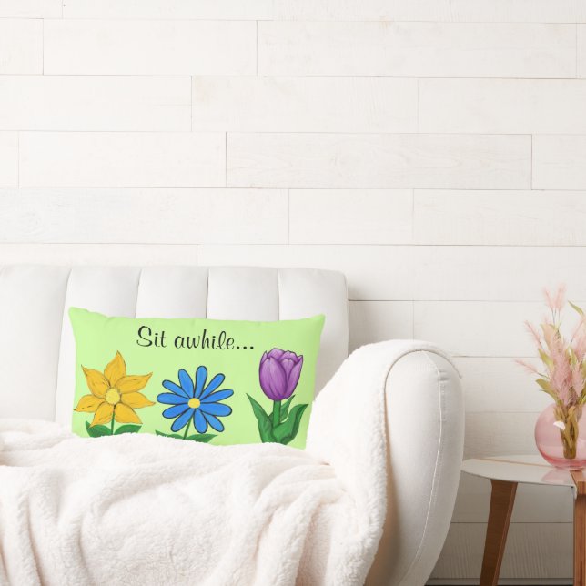Pretty Garden Flowers Green Throw Pillow (Couch)