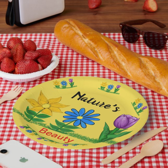Pretty Garden Flowers Tulip Sunflower Blue Daisy Paper Plate (Picnic)