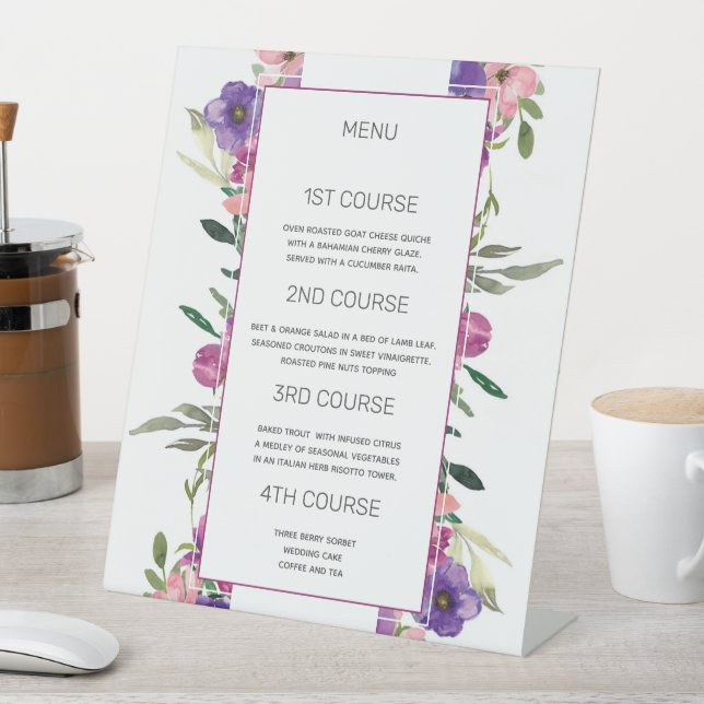 Pretty Garden Party Floral 4 courses Wedding Menu Pedestal Sign (In SItu)