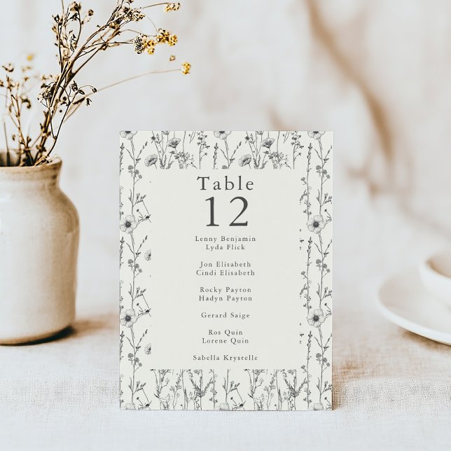 Pretty garden wild flowers table number place card (Sophisticated wildflower table number cards with detailed and delicate floral illustrations)