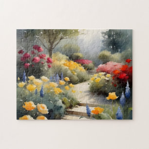 Pretty Garden with red yellow roses blue flowers Jigsaw Puzzle