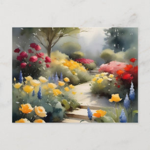 Pretty Garden with red yellow roses blue flowers Postcard
