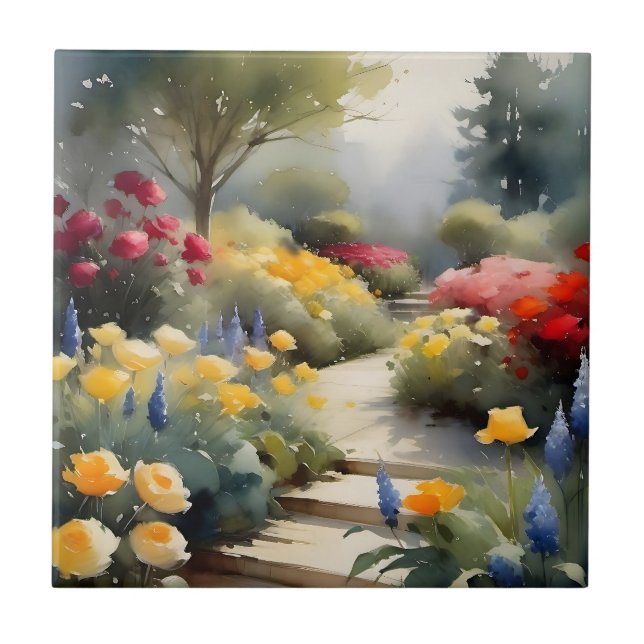 Pretty Garden with red yellow roses blue flowers Tile (Front)