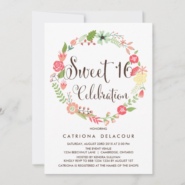Pretty Garden Wreath Sweet Sixteen Invitation (Front)