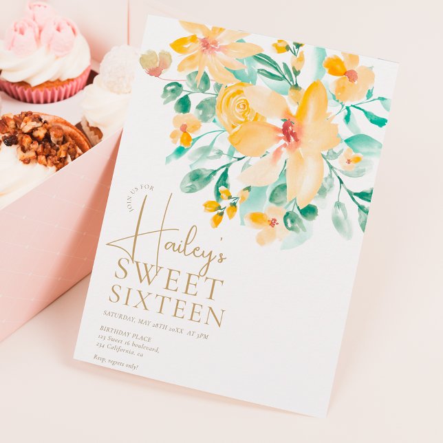 Pretty garden yellow green floral sweet 16 invitation (Creator Uploaded)