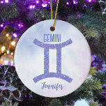 Pretty Gemini Astrology Sign Personalised Purple Ceramic Tree Decoration<br><div class="desc">This pretty purple and lavender Gemini Christmas ornament features your astrological sign from the Zodiac in a beautiful sparkle like the constellations. Customise this cute astrology symbol gift with your name in cursive script for someone with a late May or early June birthday.</div>