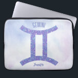 Pretty Gemini Astrology Sign Personalised Purple Laptop Sleeve<br><div class="desc">This pretty purple and lavender Gemini laptop sleeve features your astrological sign from the Zodiac in a beautiful sparkle like the constellations. Customise this cute astrology symbol gift with your name in cursive script for someone with a late May or early June birthday.</div>