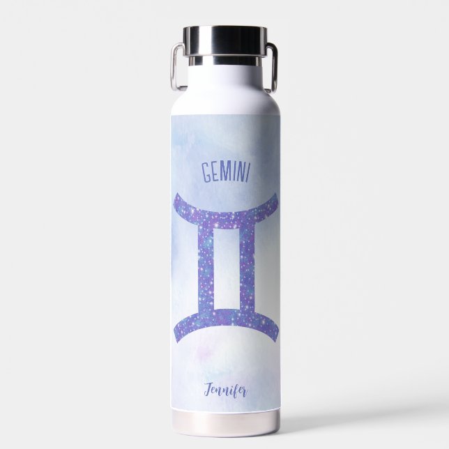 Pretty Gemini Astrology Sign Personalised Purple Water Bottle (Front)