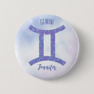 Pretty Gemini Astrology Sign Personalized Purple 6 Cm Round Badge