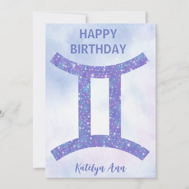 Pretty Gemini Sign Custom Purple Happy Birthday Card (Front)