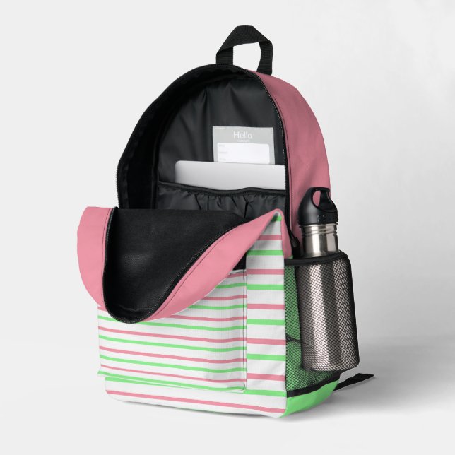 Pretty Geometric Stripes Pink Green White Printed Backpack (Back Corner Right (Open))