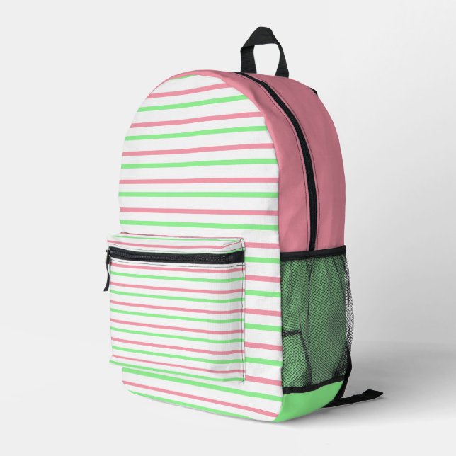 Pretty Geometric Stripes Pink Green White Printed Backpack (Back Corner Right)
