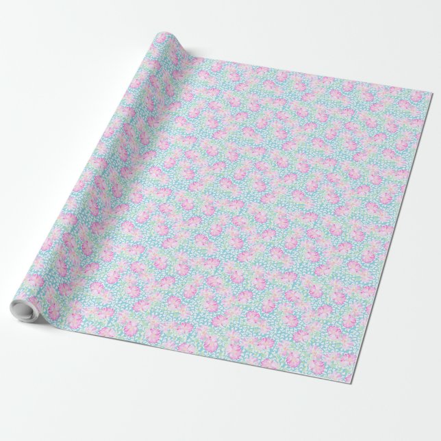 Pretty Giftwrap Pink Roses, White Butterflies Blue Wrapping Paper (Unrolled)