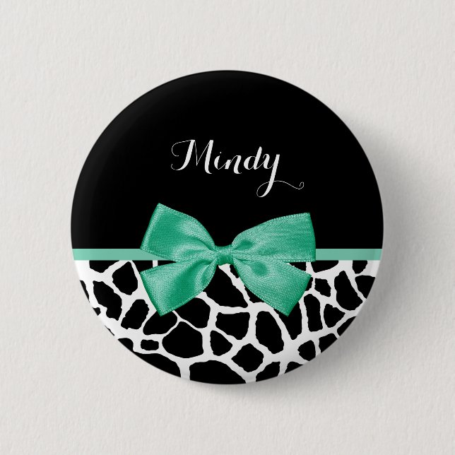 Pretty Giraffe Print Mint Green Bow With Name 6 Cm Round Badge (Front)