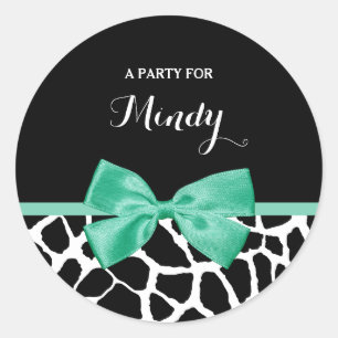 Pretty Giraffe Print Mint Green Bow With Name Classic Round Sticker