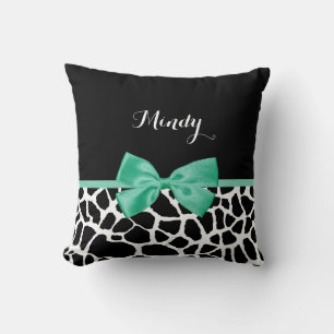 Pretty Giraffe Print Mint Green Bow With Name Cushion