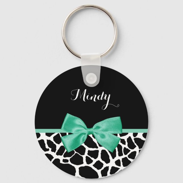Pretty Giraffe Print Mint Green Bow With Name Key Ring (Front)