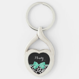 Pretty Giraffe Print Mint Green Bow With Name Key Ring
