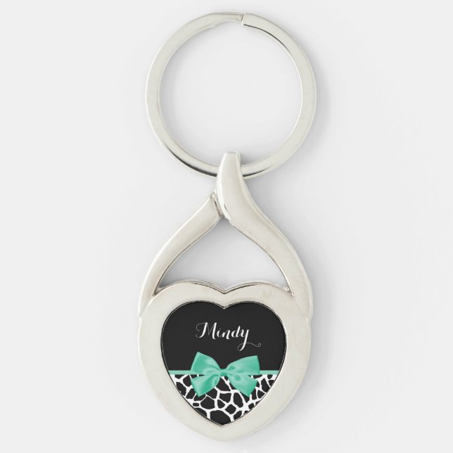 Pretty Giraffe Print Mint Green Bow With Name Key Ring (Front)