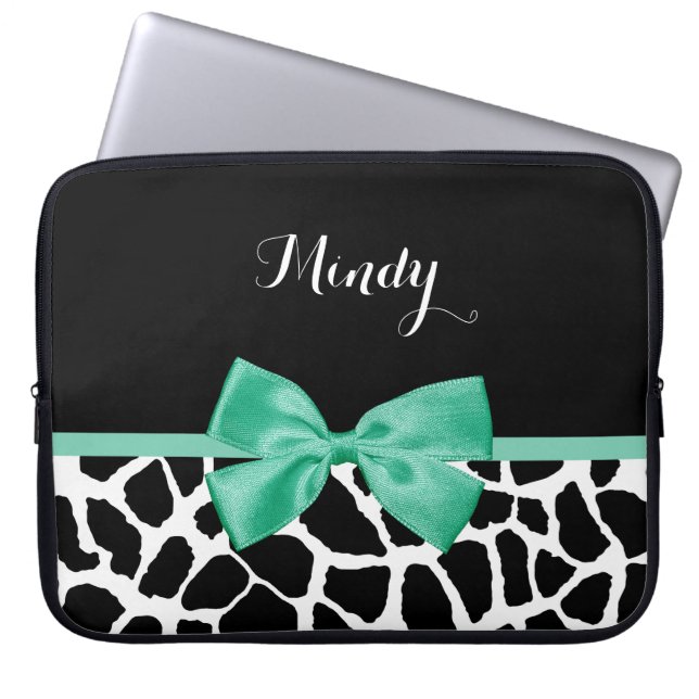 Pretty Giraffe Print Mint Green Bow With Name Laptop Sleeve (Front)