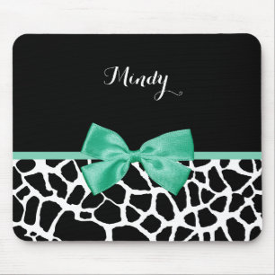 Pretty Giraffe Print Mint Green Bow With Name Mouse Mat