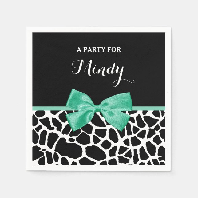 Pretty Giraffe Print Mint Green Bow With Name Napkin (Front)