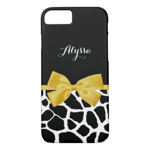 Pretty Giraffe Print With Name Bright Yellow Bow iPhone 8/7 Case