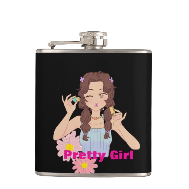 Pretty Girl Aesthetic | Cute Makeup Illustration Hip Flask (Front)