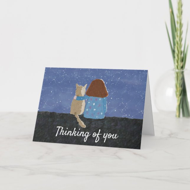 Pretty Girl And Cat Thinking Of You  Holiday Card (Front)