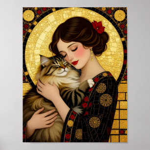 Pretty Girl and Cute Cat Art Nouveau Gustav Klimt Poster