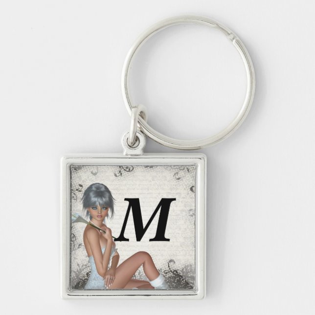 Pretty girl  and silver damask key ring (Front)
