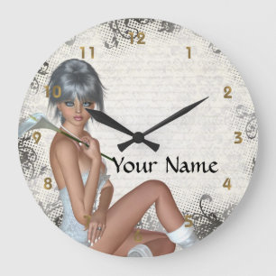 Pretty girl  and silver damask large clock